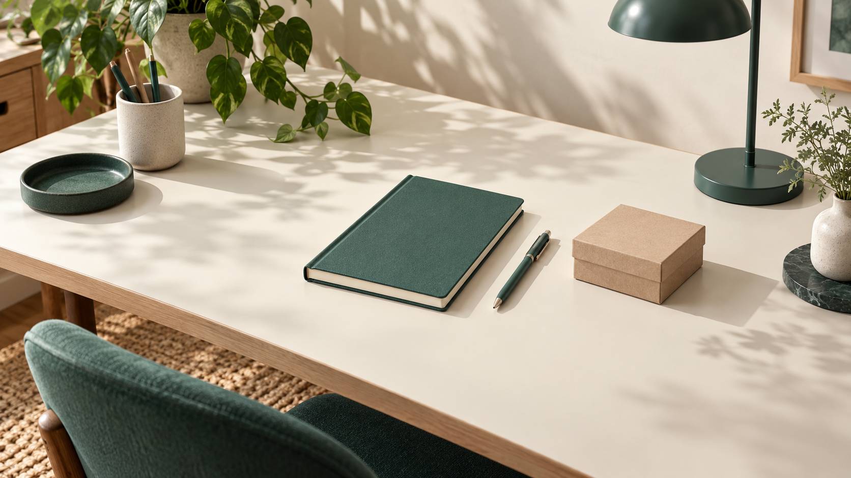 Carnet ferme, stylo et boite en carton sur un bureau clair