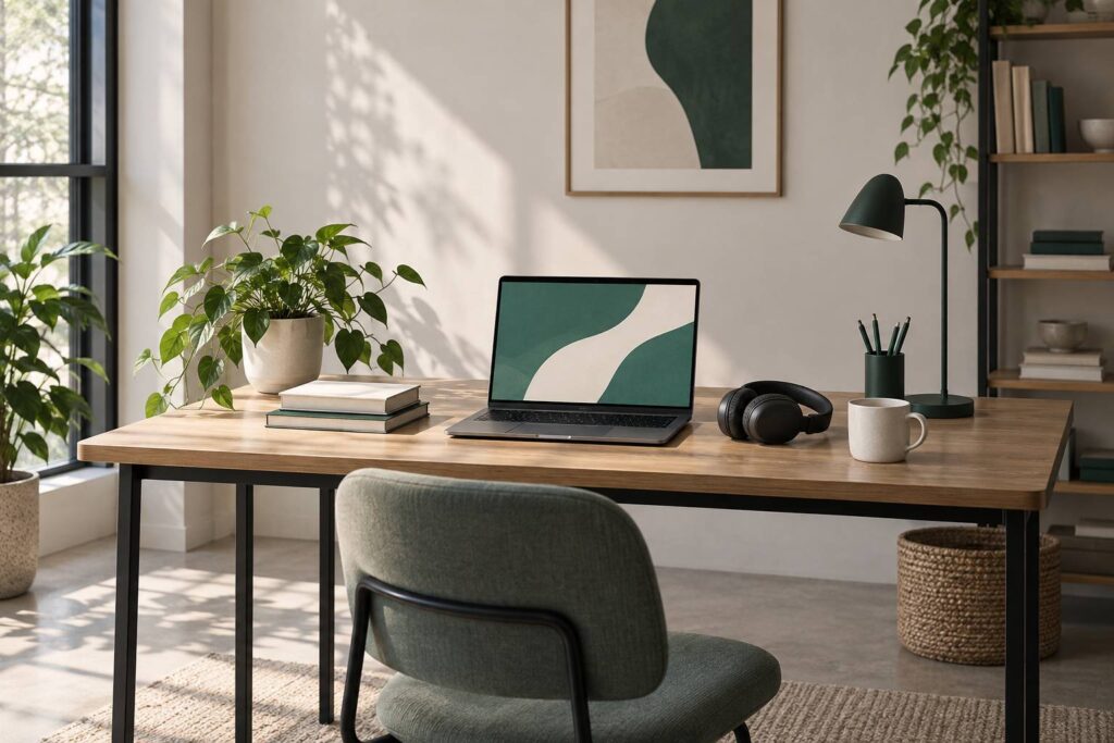 Bureau d'etudiant avec ordinateur portable ouvert et casque audio