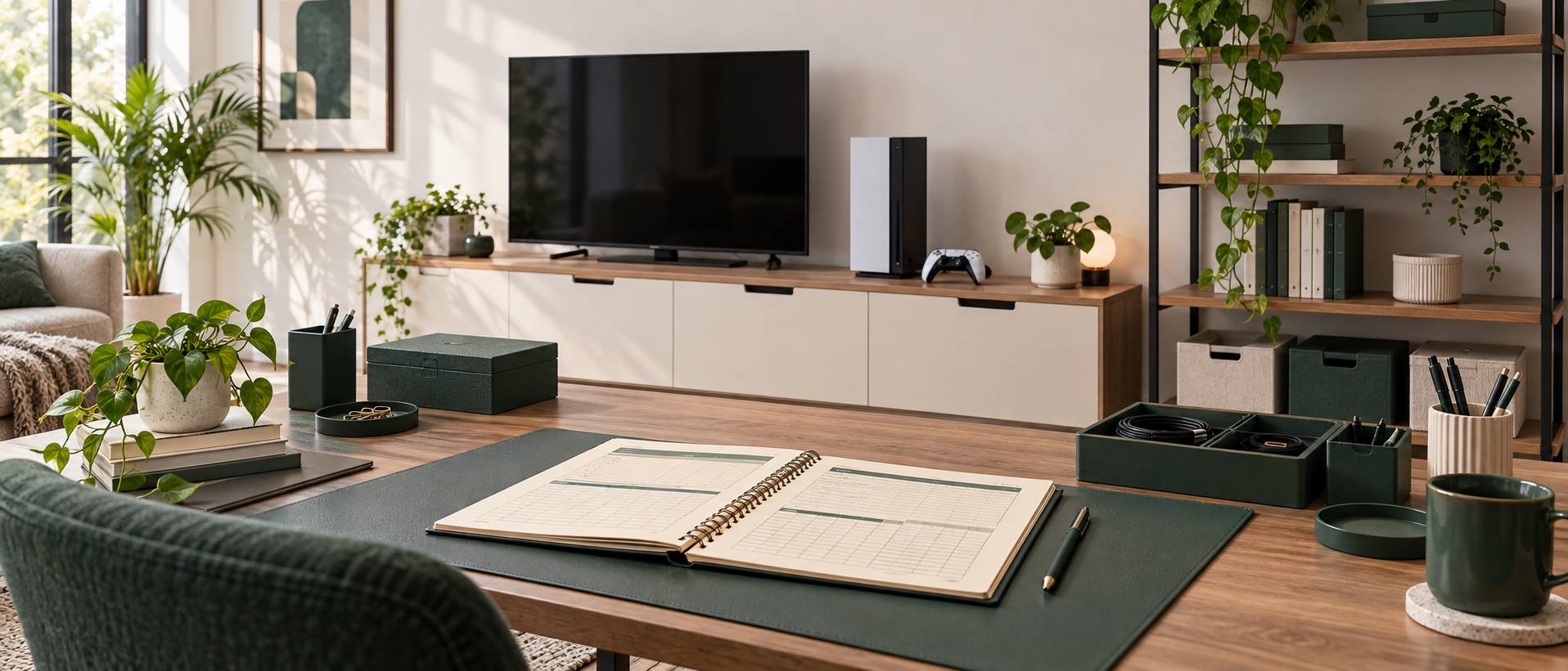 Espace de travail avec console générique aux faces unies et manette déposée