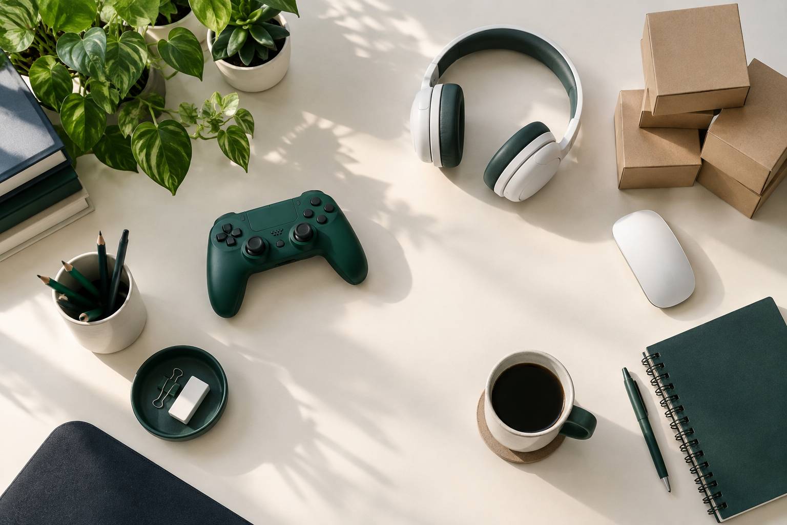 Manette de jeu et casque audio posés sur un plan de travail