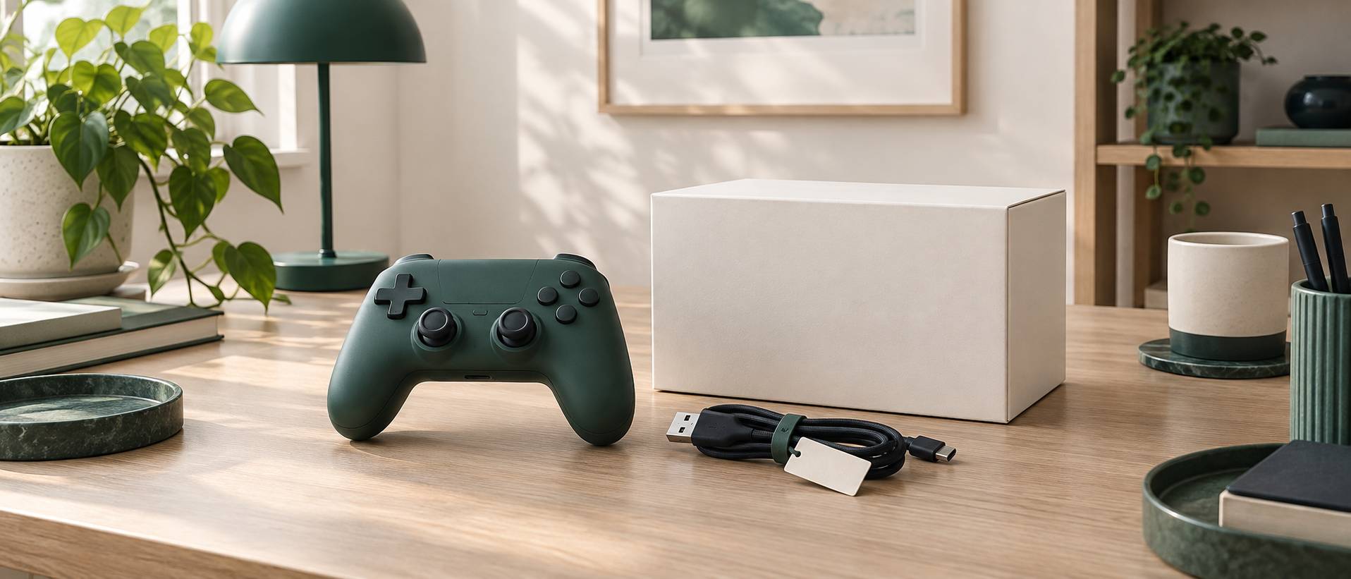 Vue rapprochee d'une manette neutre et d'une boite de jeu fermee sur un plan de bois