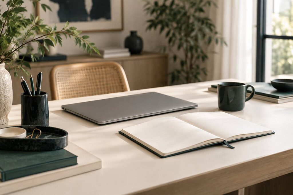 Bureau clair avec ordinateur portable ferme, carnet et tasse a cafe