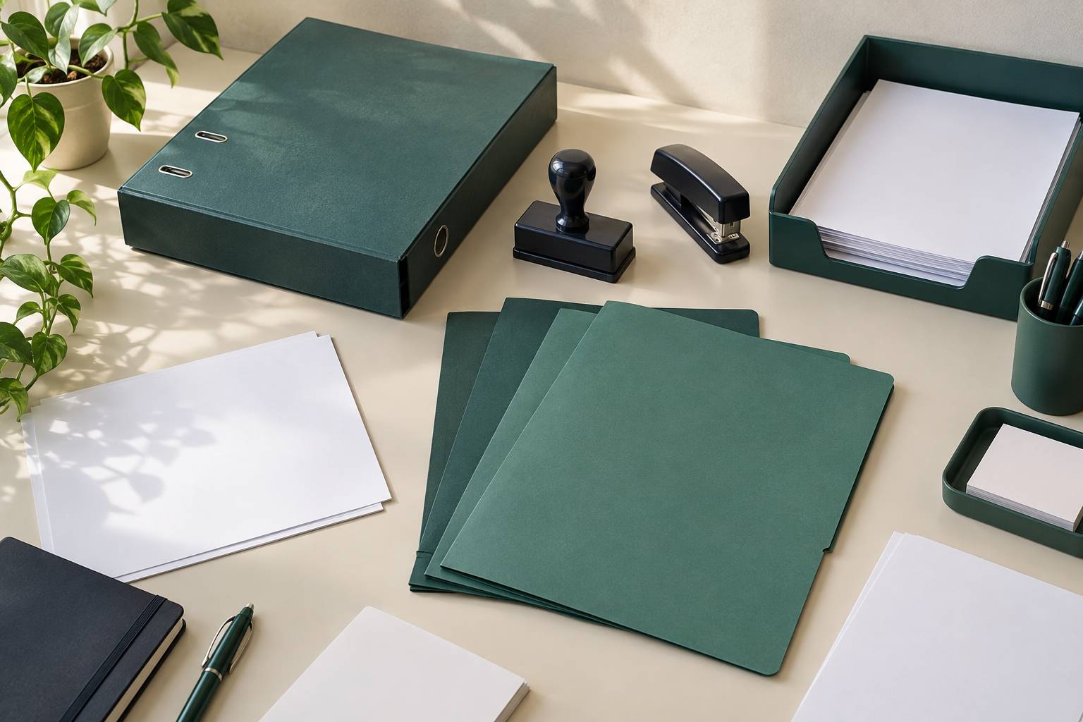 Classeur, chemises cartonnees et tampon encreur sur un plan de travail comptable