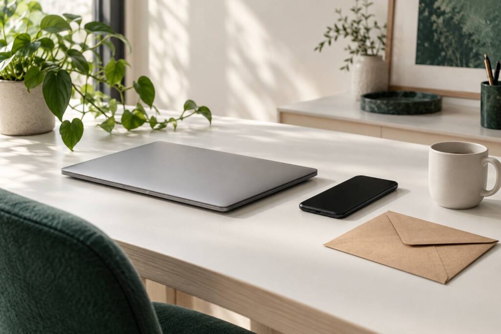 Bureau clair avec ordinateur portable ferme, smartphone et enveloppe kraft