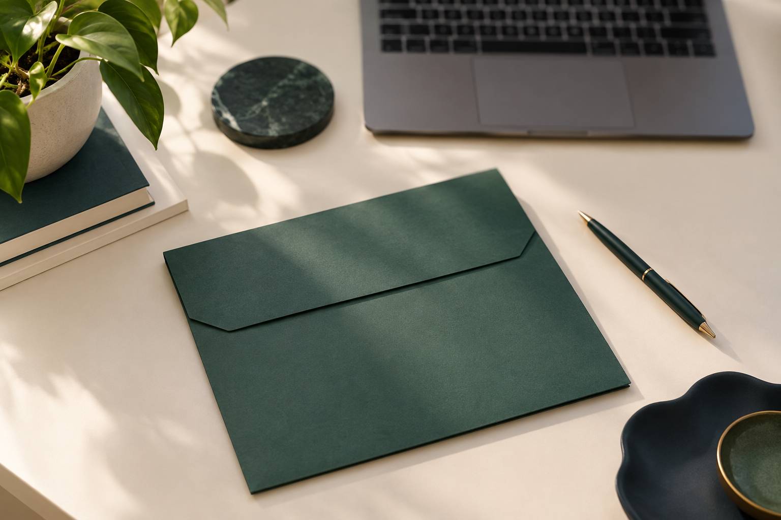 Pochette cartonnee fermee et stylo poses sur un plan de travail clair