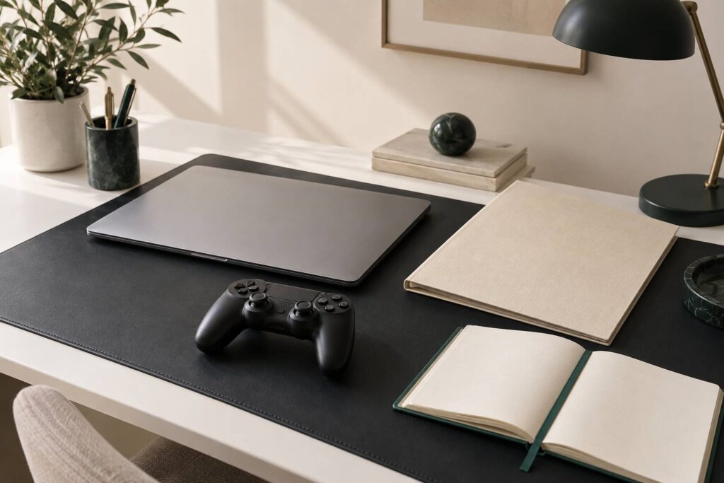 Manette de jeu generique posee sur un bureau sobre avec ordinateur portable ferme