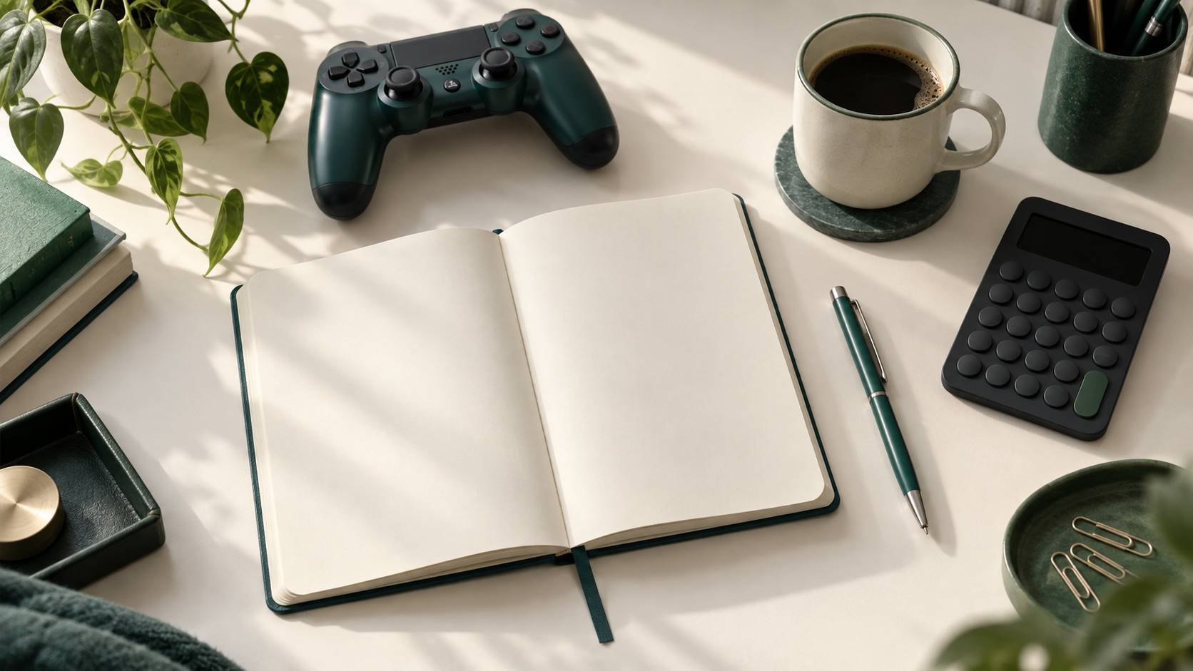Carnet de comptes aux pages vierges avec manette de jeu et calculatrice eteinte