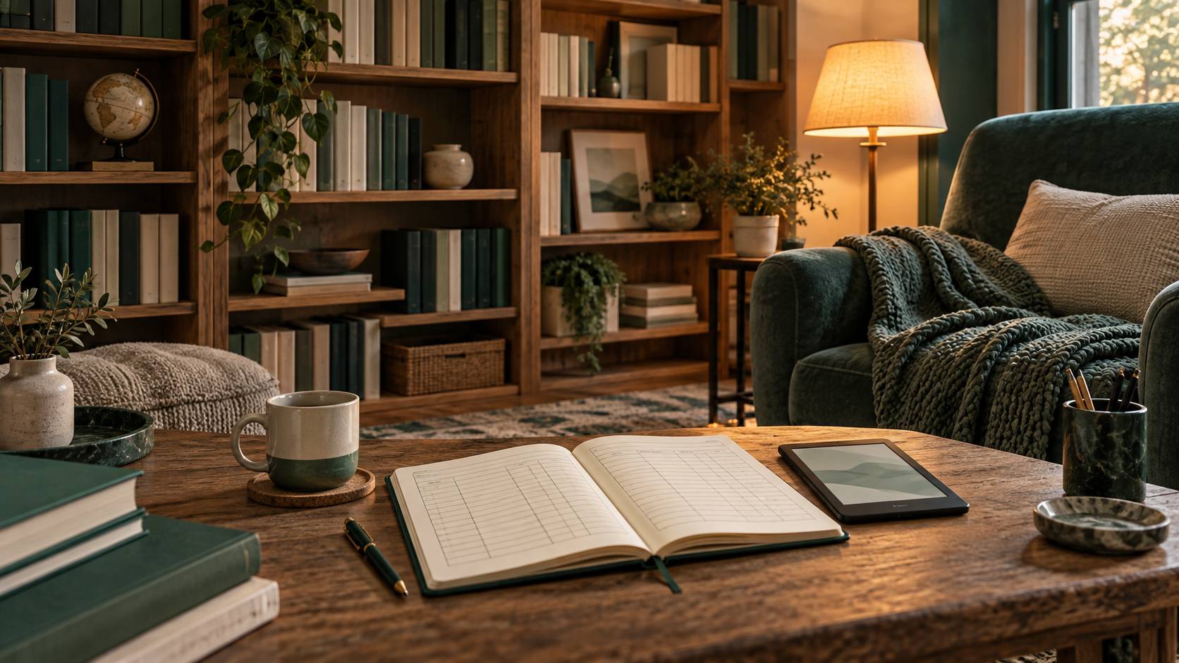 Liseuse électronique posée sur une pile de livres près d'une tasse de thé