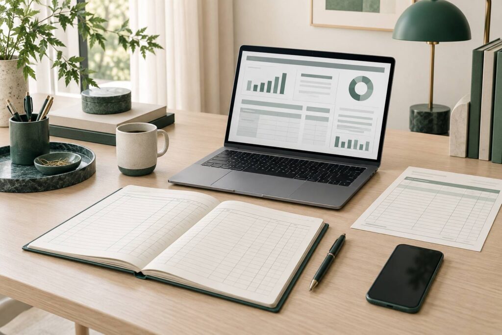 Ordinateur portable et relevé bancaire vierge sur un bureau