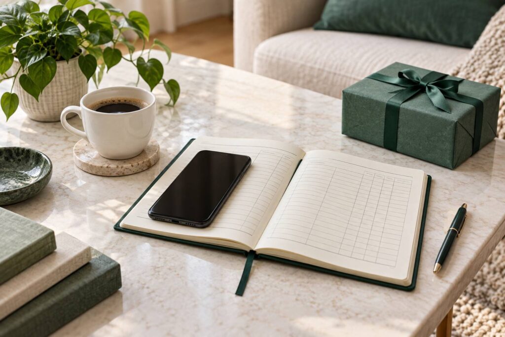 Smartphone neutre et boite cadeau fermee sur une table de salon claire