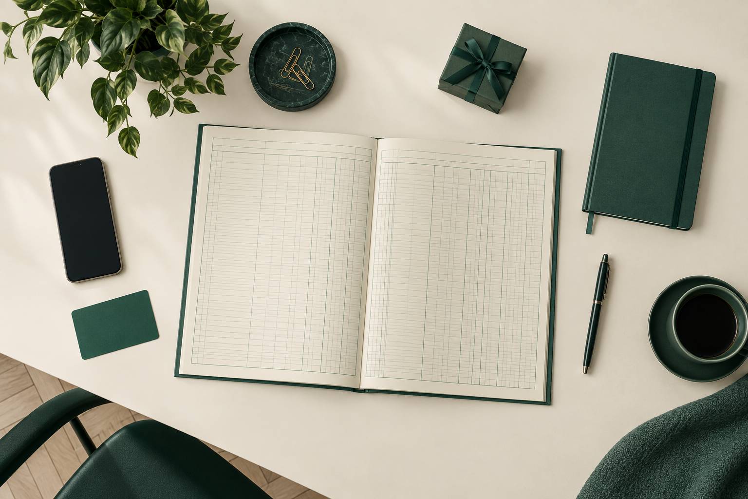 Bureau simple avec smartphone neutre, carnet et boite cadeau