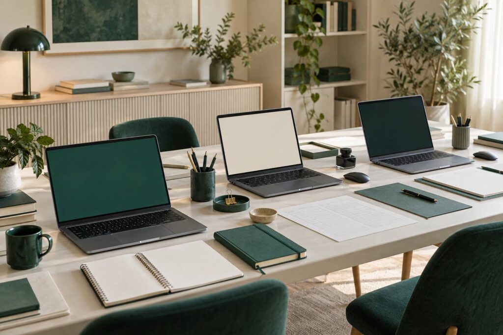 Plusieurs ordinateurs portables sur une grande table dans un bureau clair