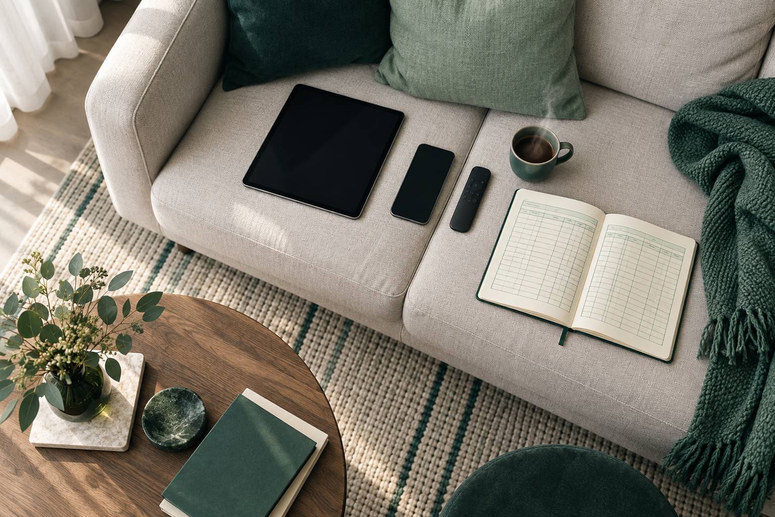Tablette et téléphone posés sur un canapé dans un salon lumineux