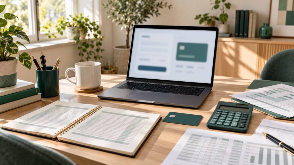 Ordinateur portable avec page de paiement floue et carte neutre sur un bureau