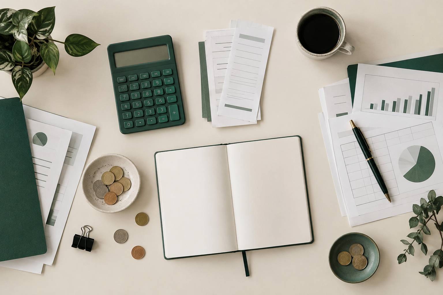 Calculatrice, carnet et reçus sur un plan de travail clair
