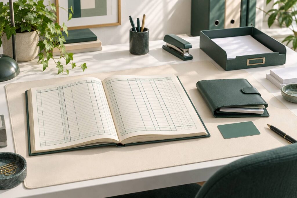 Bureau de gestion avec bons et carte de fidelite vierge sur un sous-main