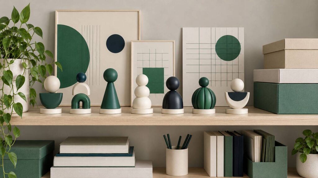 Figurines de collection génériques alignées sur une étagère en bois clair