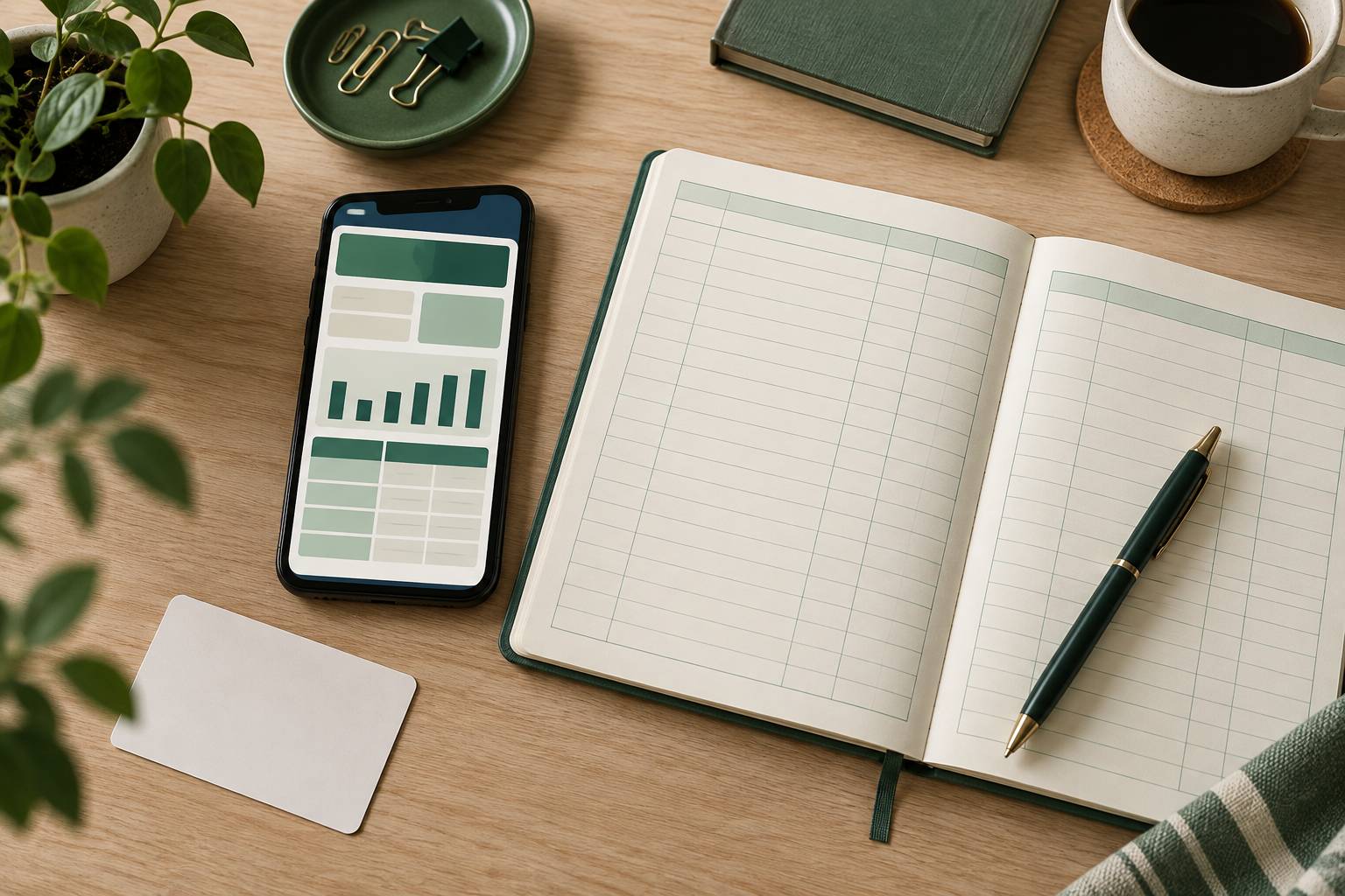 Smartphone pose sur un bureau avec carnet et carte de fidelite