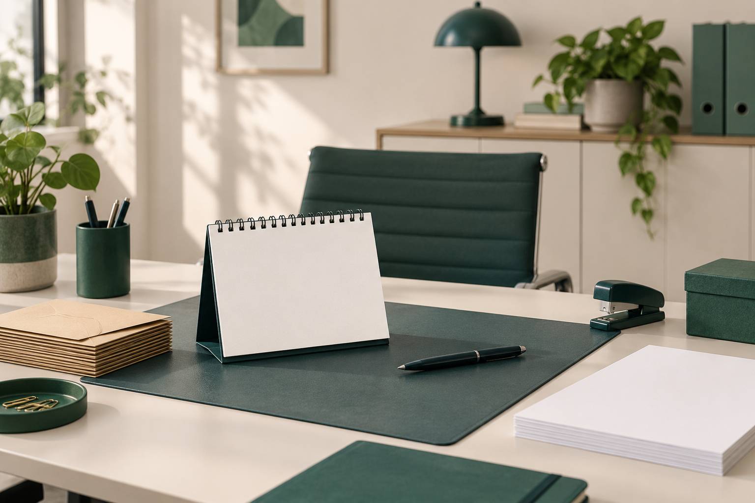 Calendrier de bureau vierge et stylo poses sur un sous-main clair